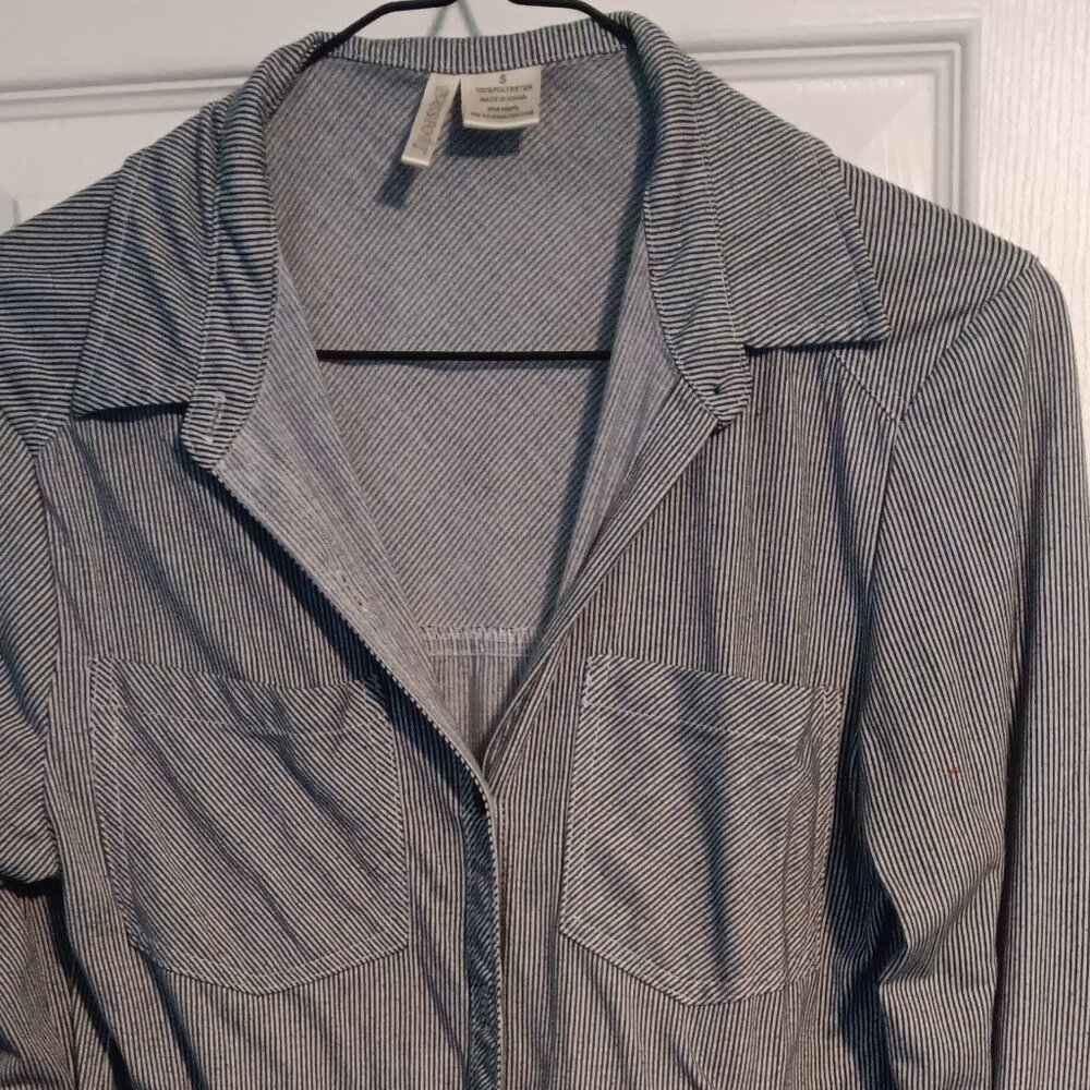 Dark blue and white stripe button-up shirt (Passport)